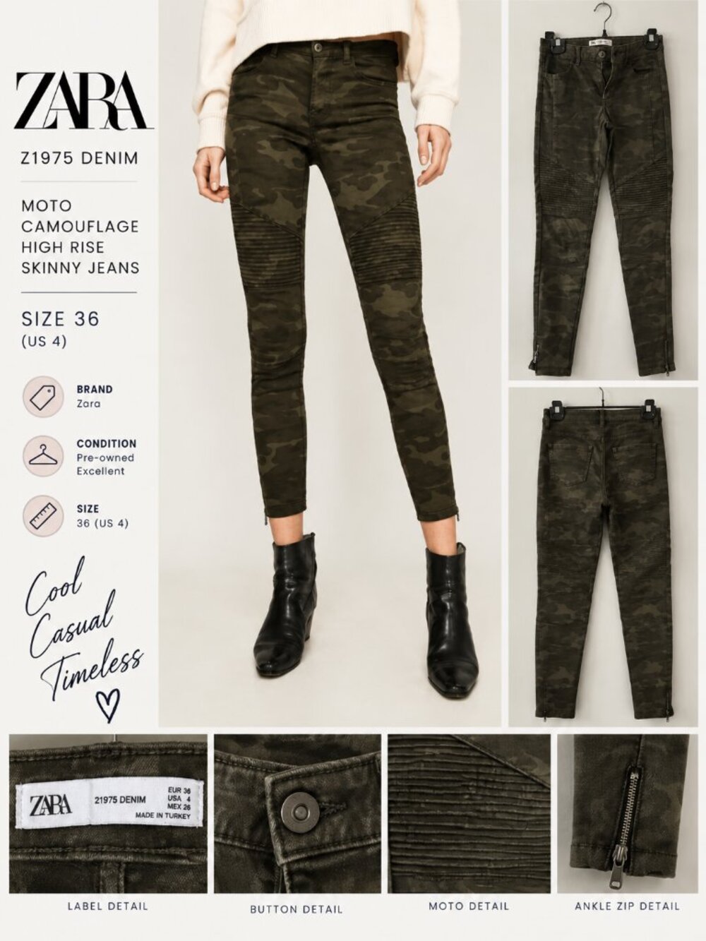 Zara Z1975 Camo High Rise Moto Skinny Jeans Size 4